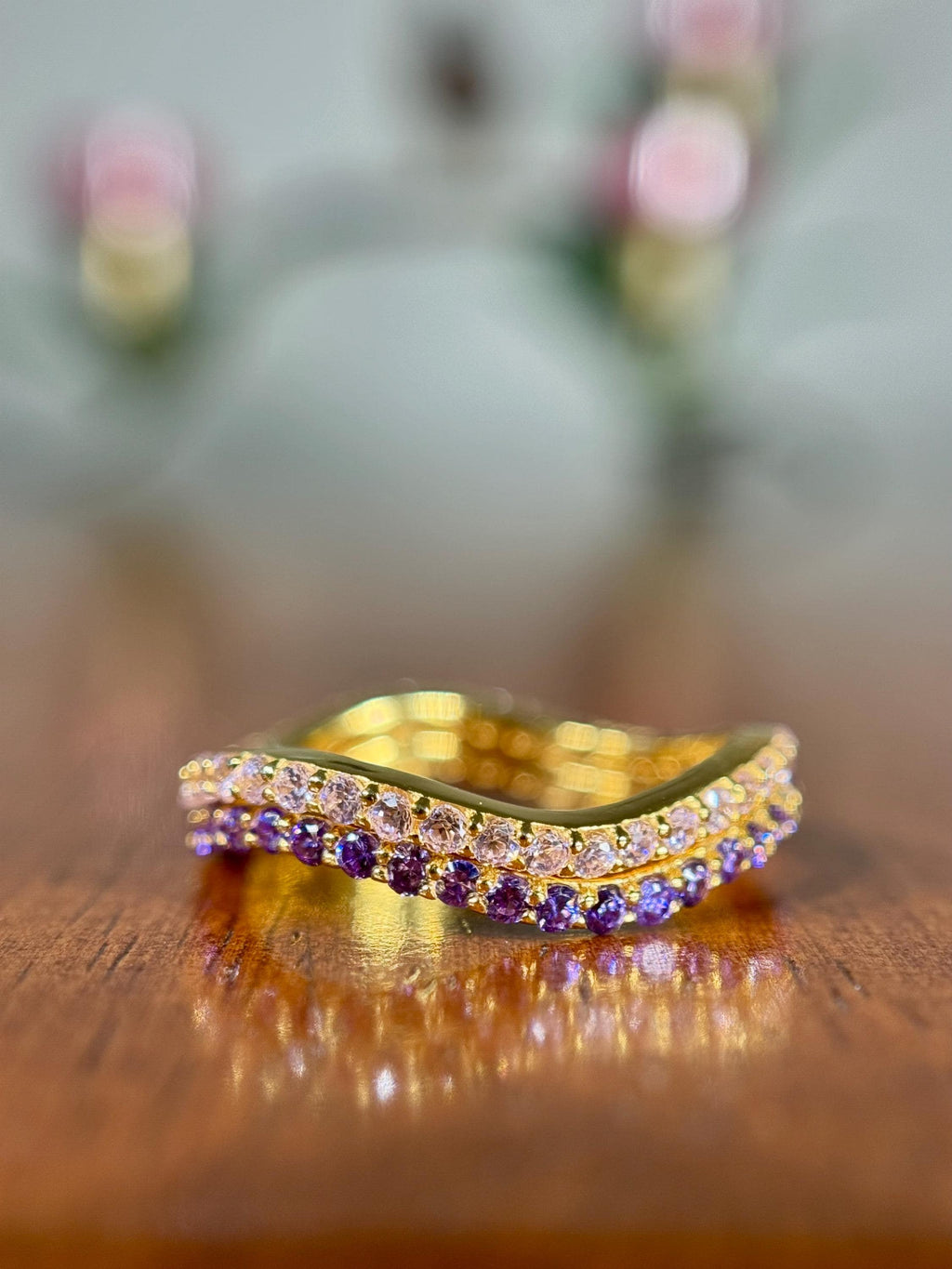 Pink Sapphire and Purple Sapphire Stacking 14k Gold Vermeil Wave Ring