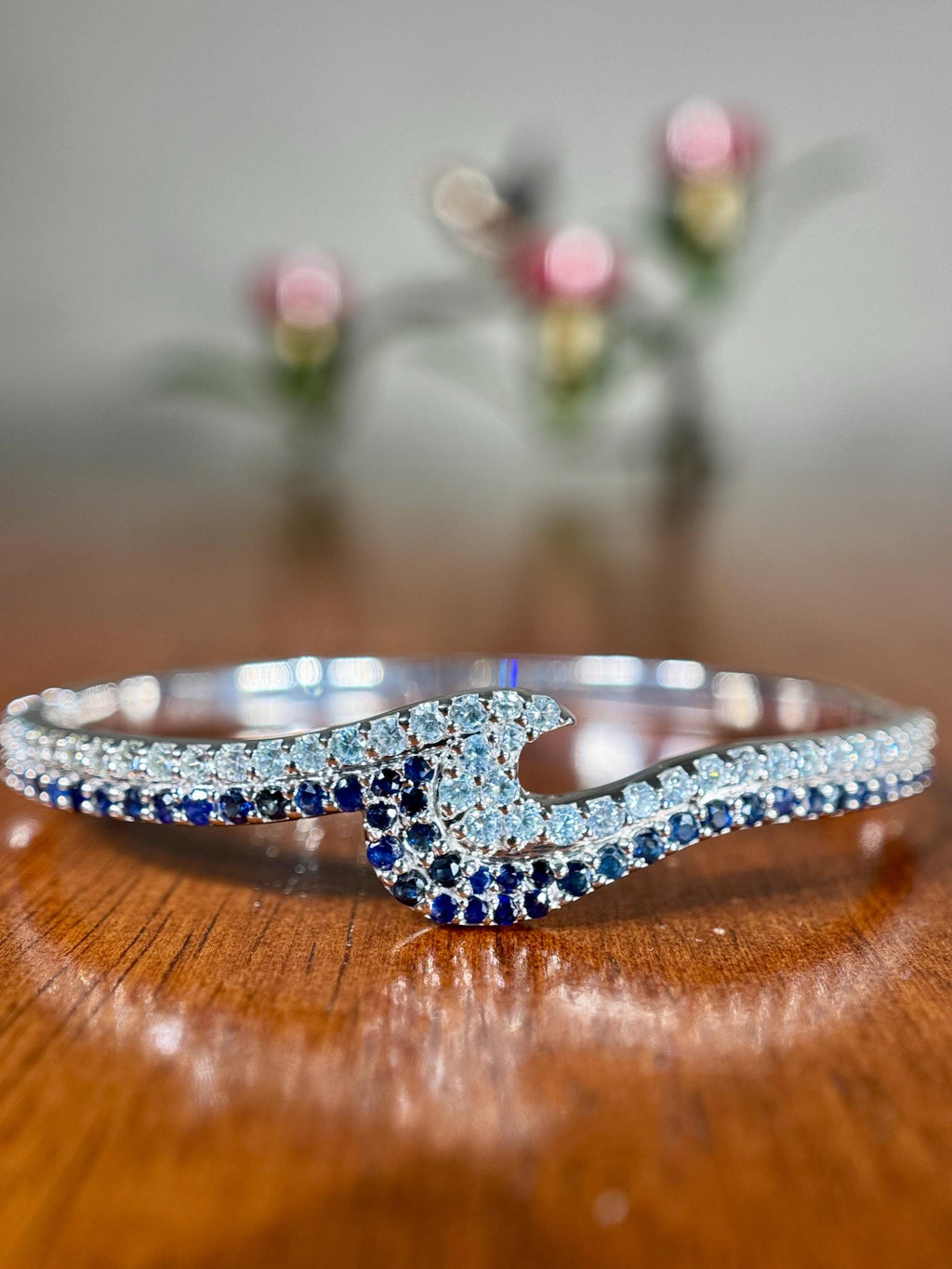 Sapphire and Aquamarine Wave Bangle Bracelet