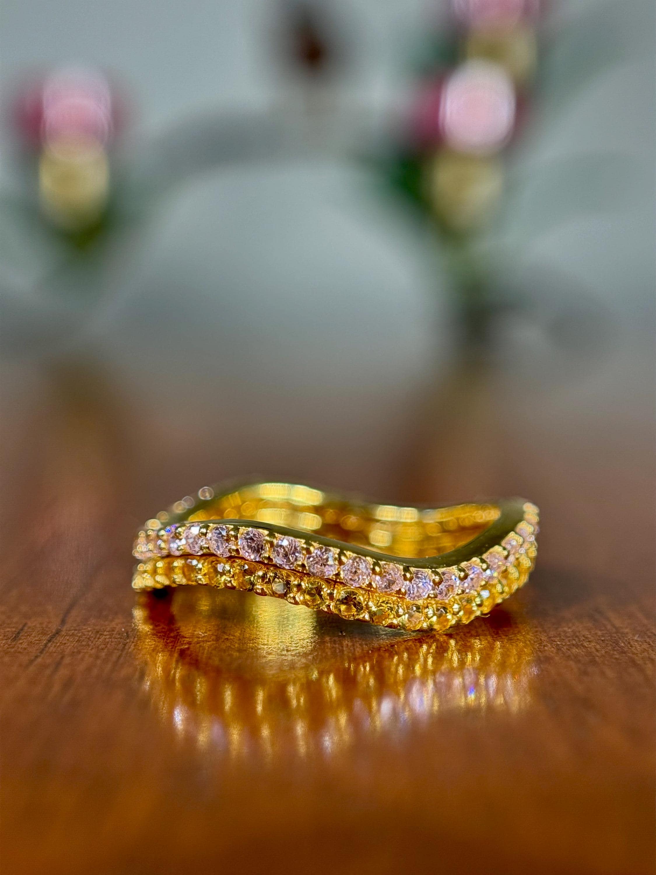 Pink Sapphire and Yellow Sapphire Stacking 14k Gold Vermeil Wave Ring