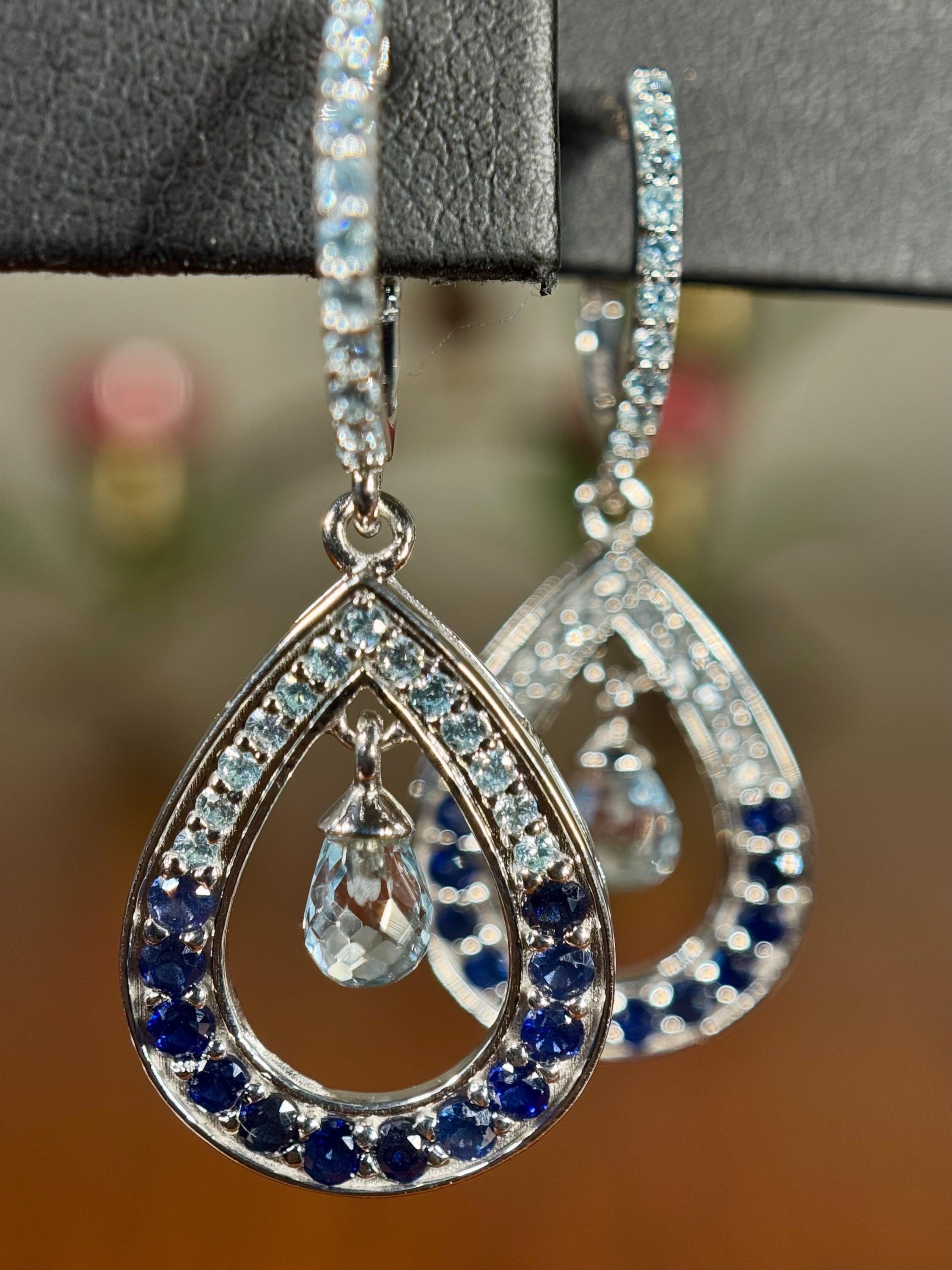 Sapphire and Aquamarine Dangling Water Droplet Drop Earrings