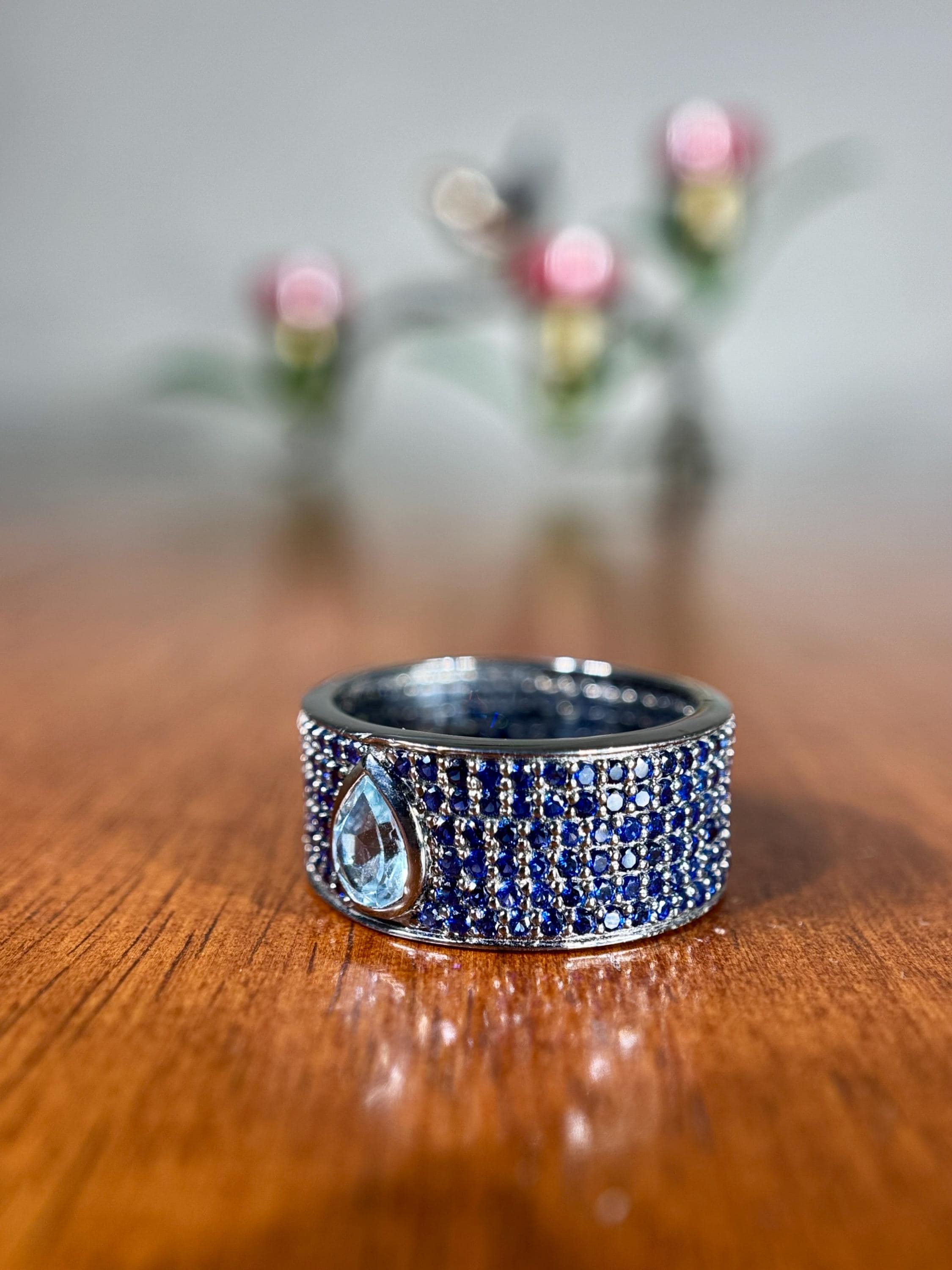 Sapphire Wide Band Ring with Bezel Set Blue Topaz on Black Silver