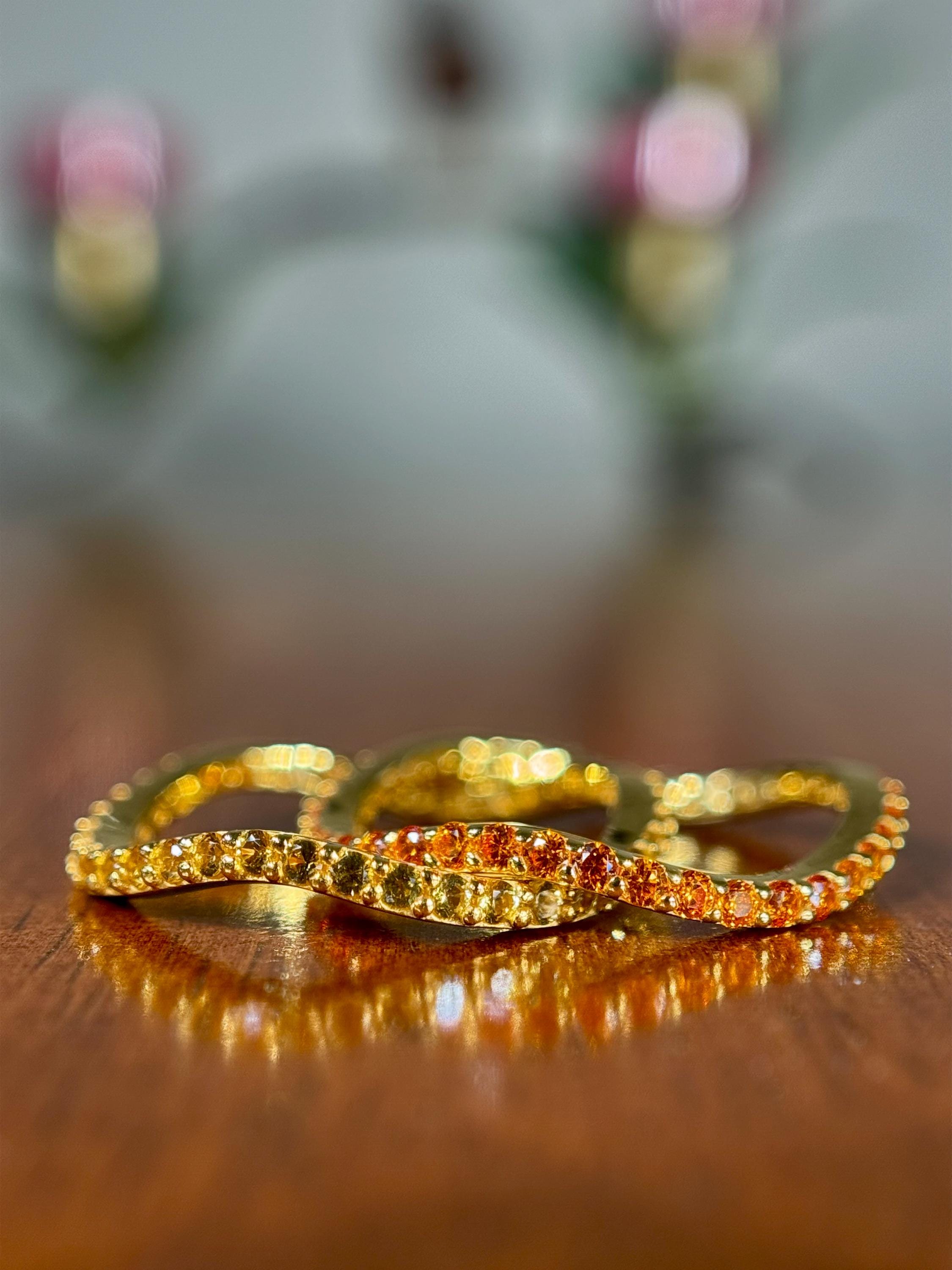 Yellow Sapphire and Orange Sapphire Stacking 14k Gold Vermeil Wave Ring