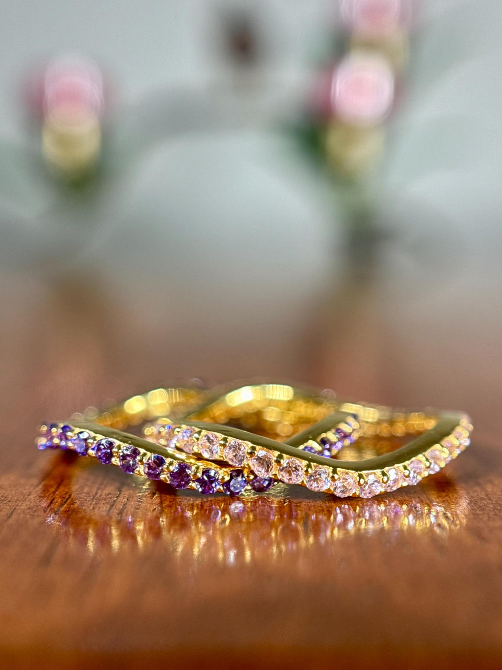 Pink Sapphire and Purple Sapphire Stacking 14k Gold Vermeil Wave Ring