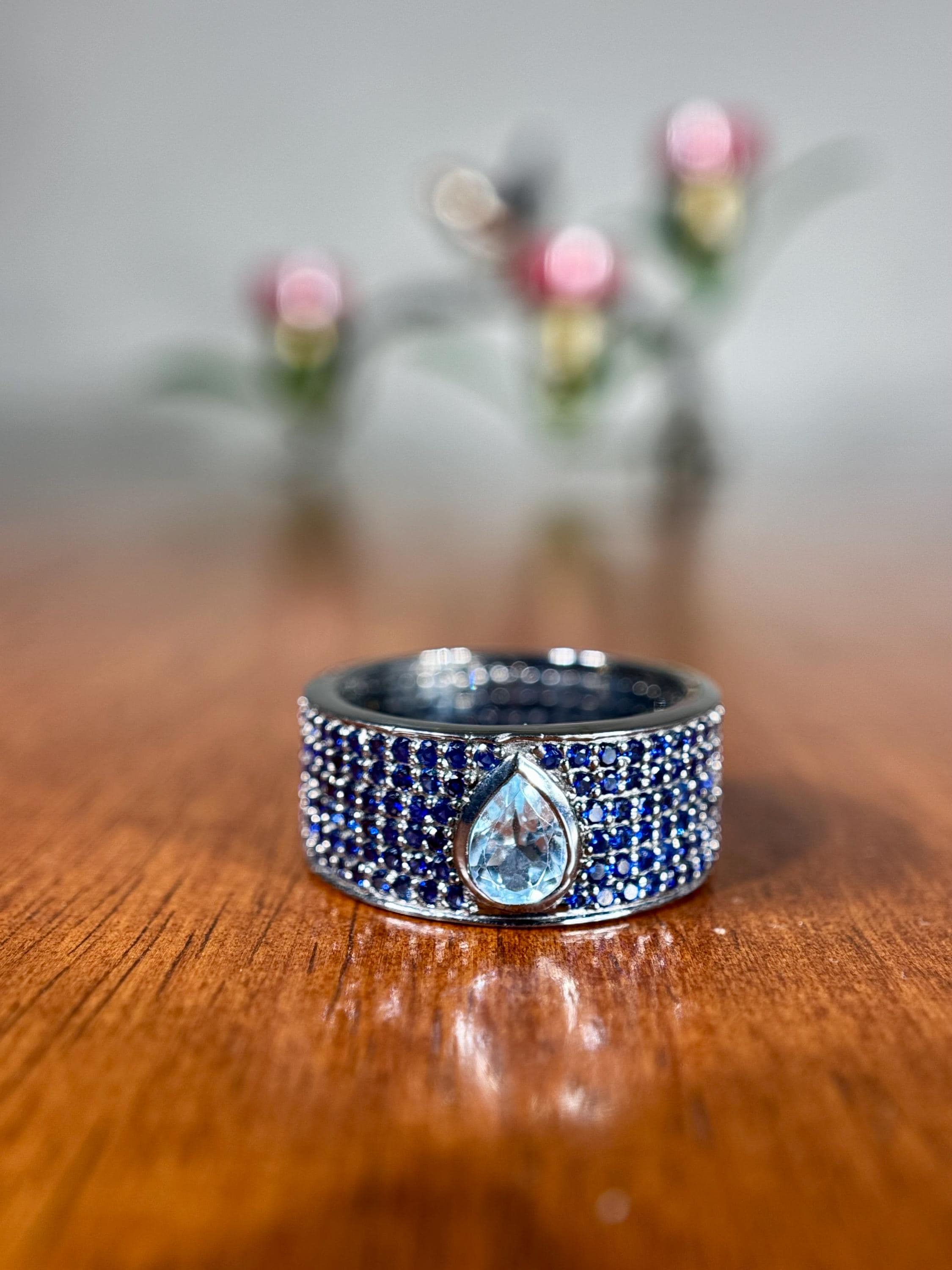 Sapphire Wide Band Ring with Bezel Set Blue Topaz on Black Silver