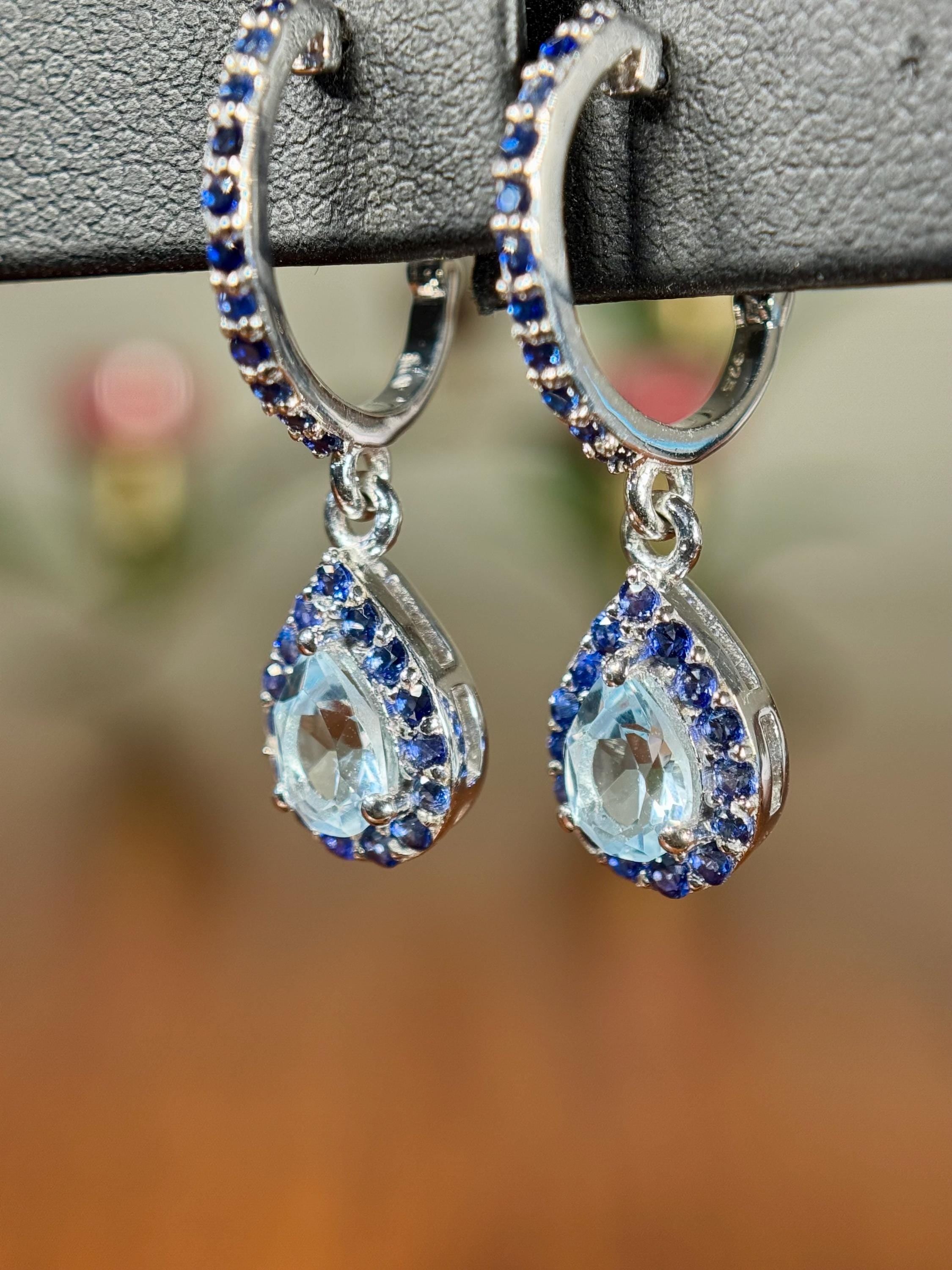 Sapphire and Aquamarine Water Droplet Drop Earrings