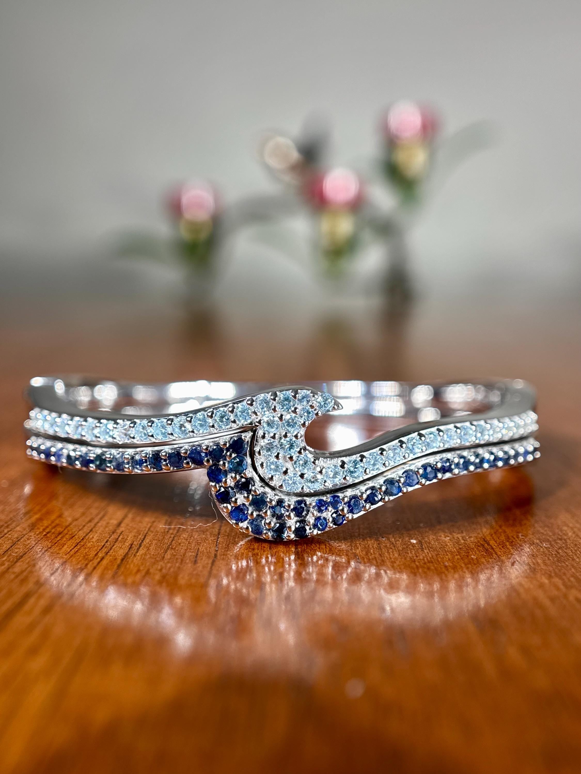 Sapphire and Aquamarine Stacking Wave Bangle Bracelet