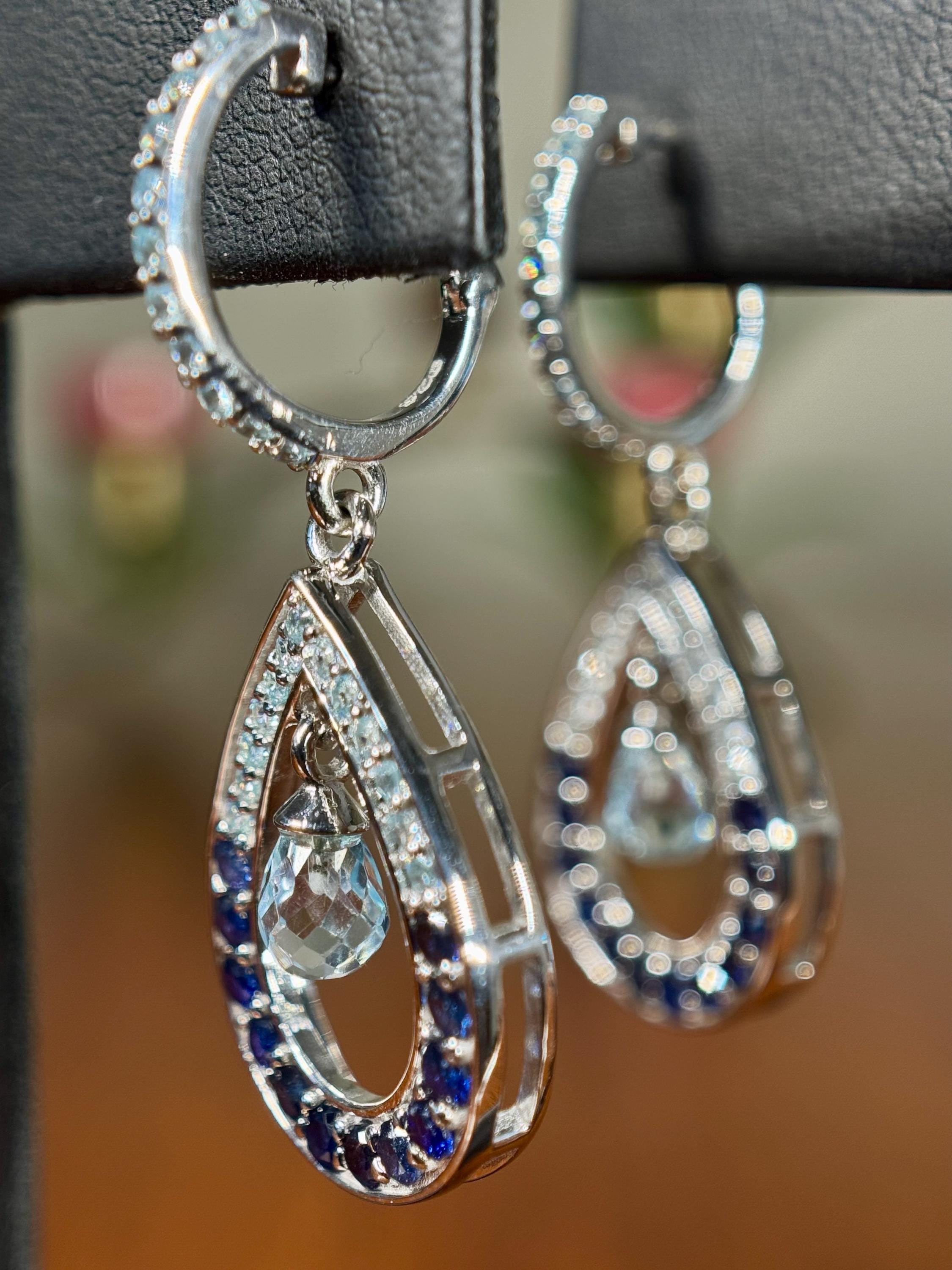 Sapphire and Aquamarine Dangling Water Droplet Drop Earrings