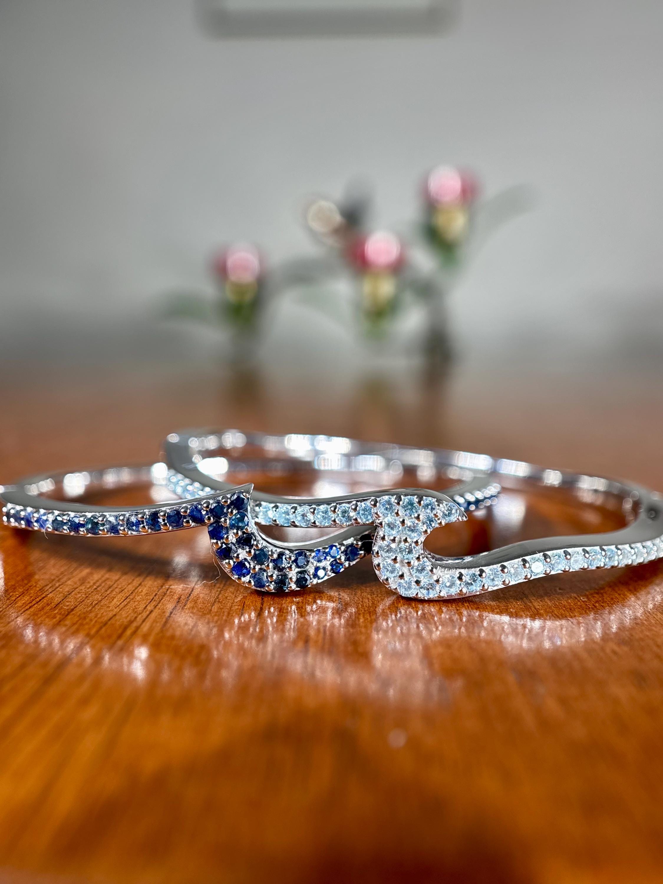 Sapphire and Aquamarine Stacking Wave Bangle Bracelet