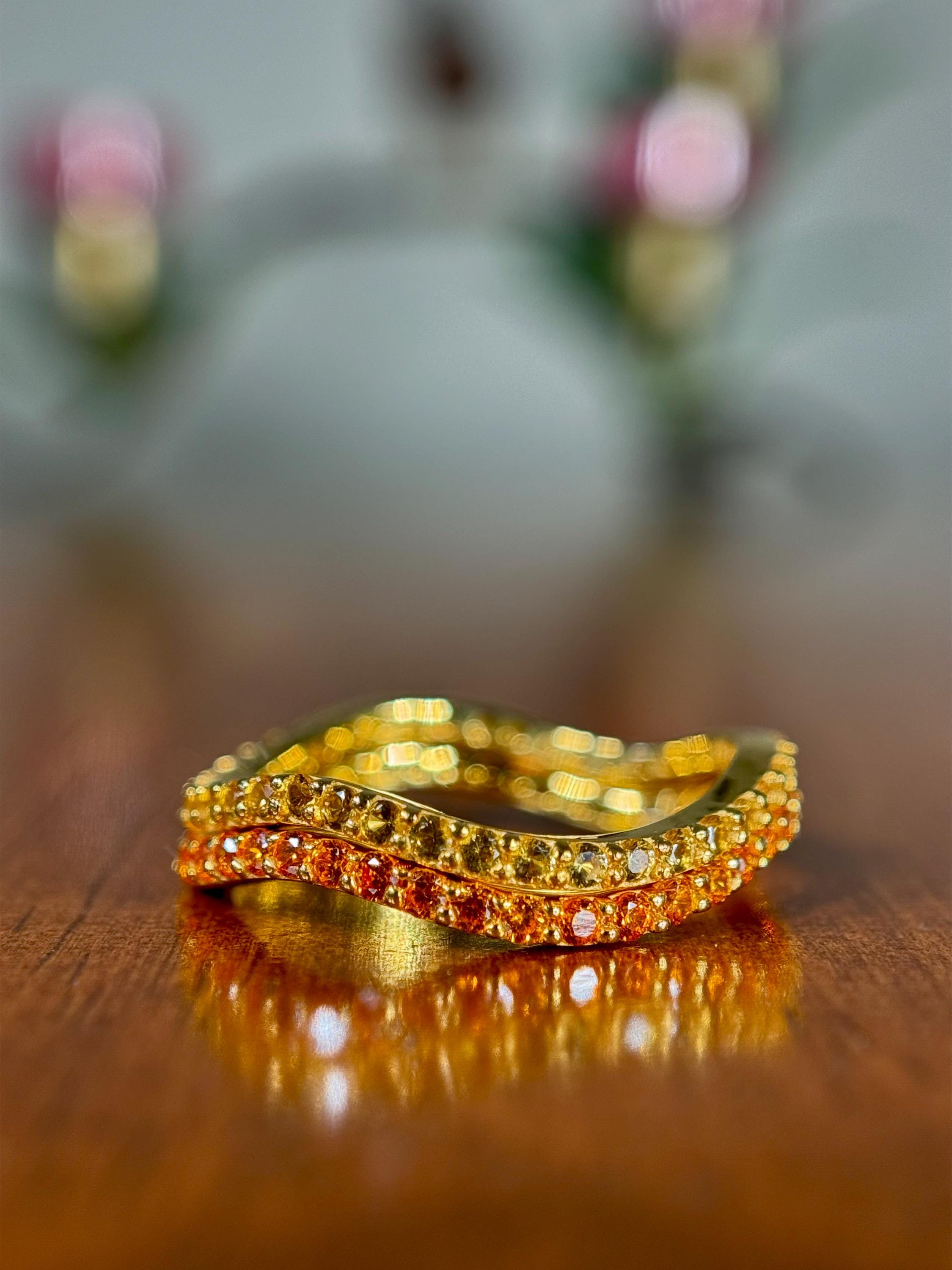 Yellow Sapphire and Orange Sapphire Stacking 14k Gold Vermeil Wave Ring