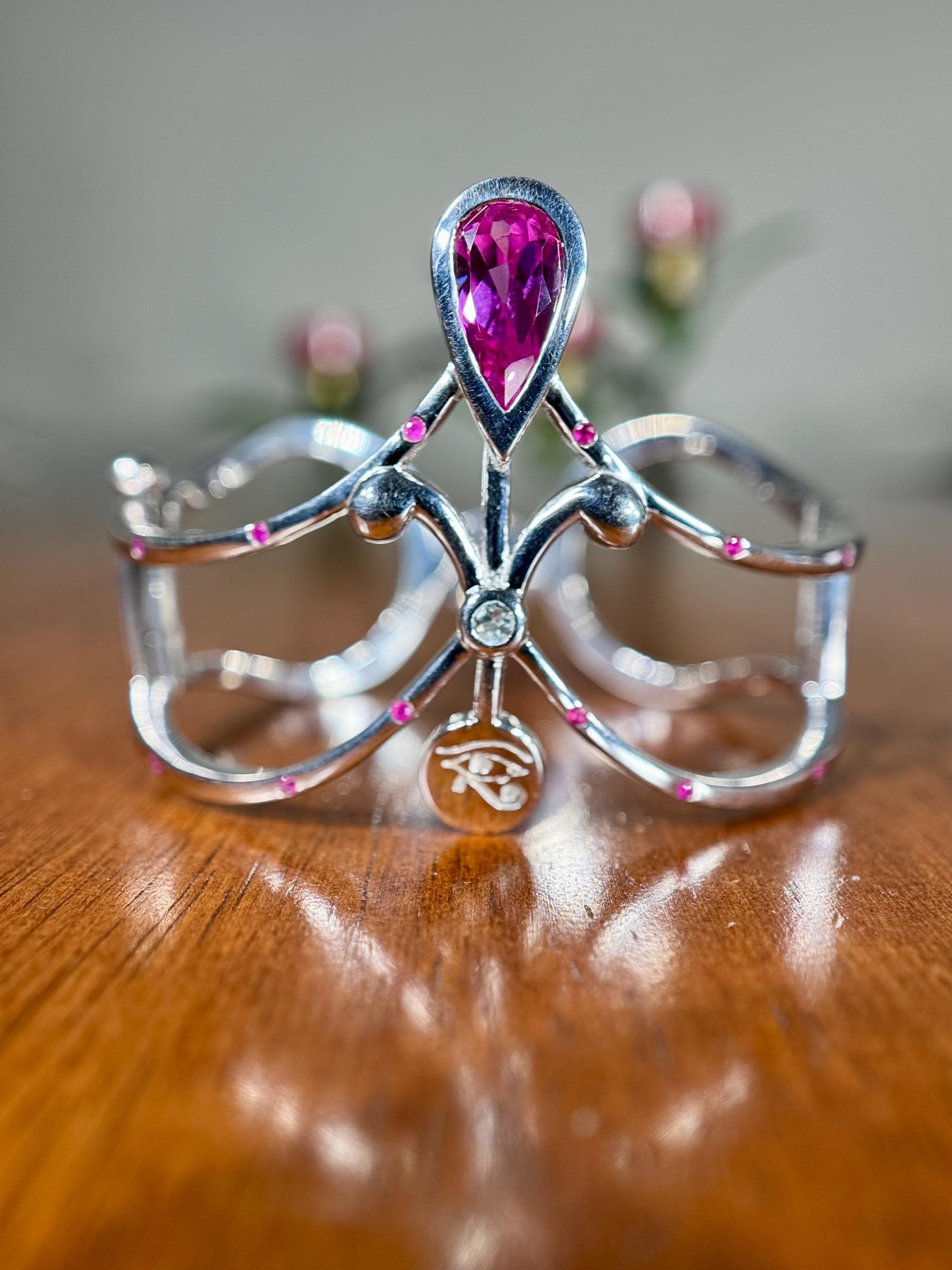 Pink Tourmaline and Aquamarine Egyptian Bangle Bracelet in Sterling Silver