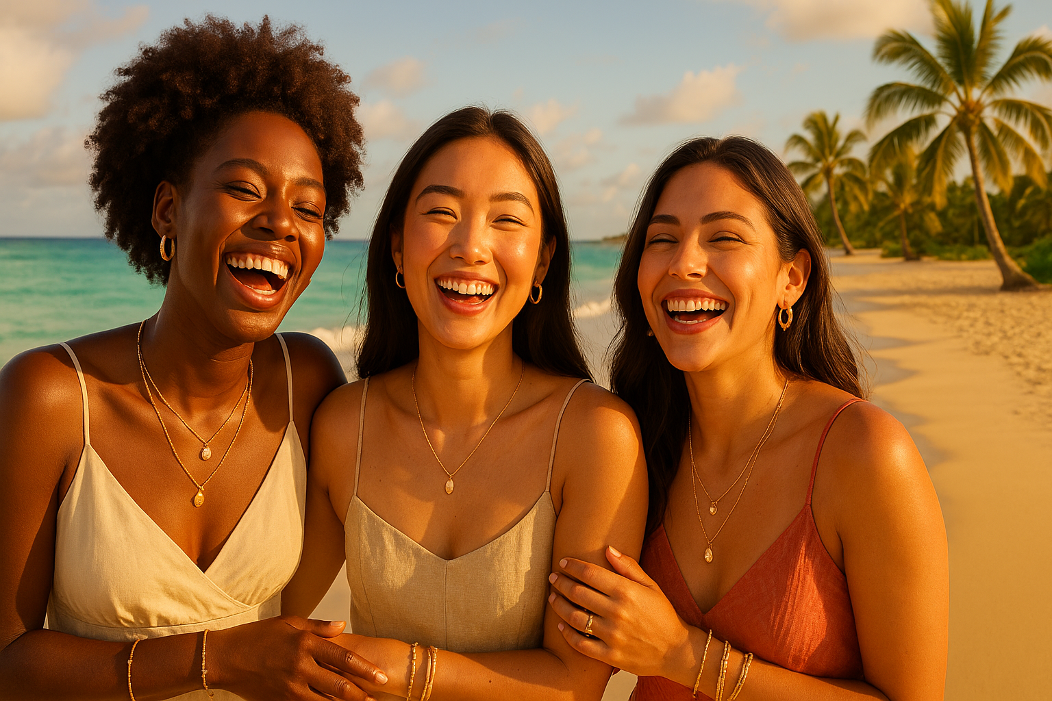 please generate a hero banner image for my bananabeachboutique.com website with 3 joyful girls of color, one african american, one asian, one latina wearing our jewelry on the beach